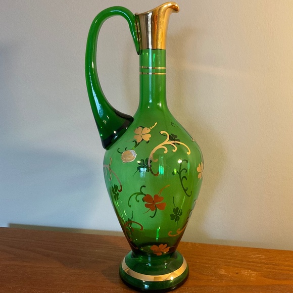 Vintage Bohemia Glass Green and Gold Four-leaf Clover Decanter - Czechoslovakia - Picture 1 of 16